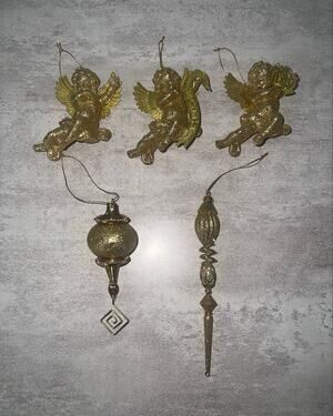 Golden Tone Glitter Cherub Angels + more Vintage Christmas Ornaments Lot of 5